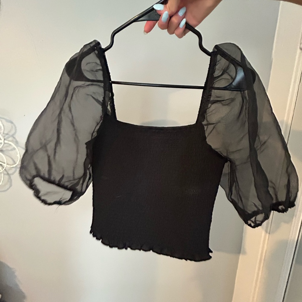 Elegant Black Sheer Puff Sleeve Top